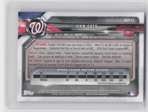2018 Bowman Juan Soto #BCP52 Nationals Chrome Prospects Mojo Refractor - Image 3