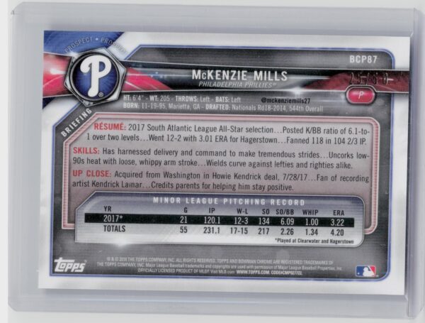 2018 Bowman McKenzie Mills /50 #BCP87 Phillies Prospects Mojo Refractor Gold - Image 3
