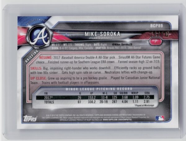 2018 Bowman Mike Soroka /50 #BCP89 Braves Chrome Prospects Mojo Refractor Gold - Image 3