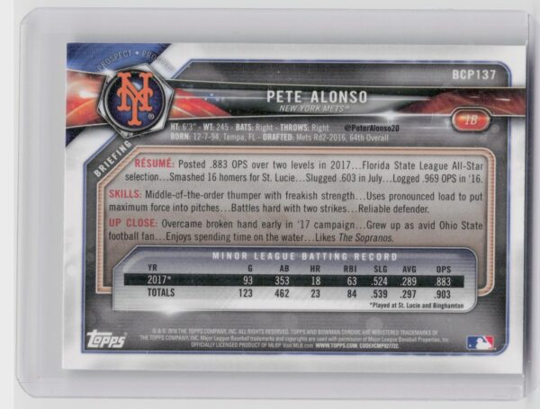 2018 Bowman Pete Alonso #BCP137 Mets Chrome Prospects Mojo Refractor - Image 3
