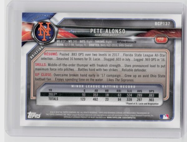 2018 Bowman Pete Alonso #BCP137 Mets Chrome Prospects Mojo Refractor - Image 3