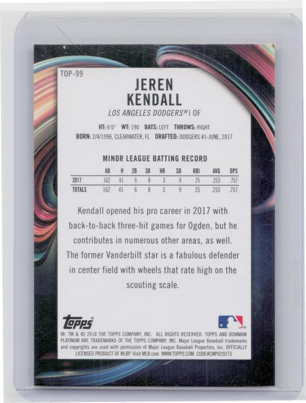 2018 Bowman Platinum Jeren Kendall SN25 #TOP-99 Dodgers Top Prospects Orange - Image 3