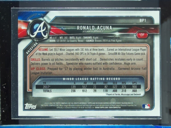 2018 Bowman Ronald Acuna #BP1 Braves Prospects - Image 3