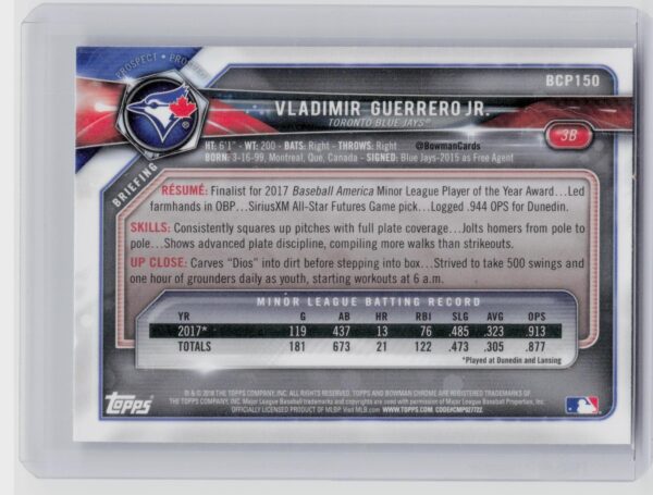 2018 Bowman Vladimir Guerrero Jr. #BCP150 Jays Chrome Prospects Mojo Refractor - Image 3