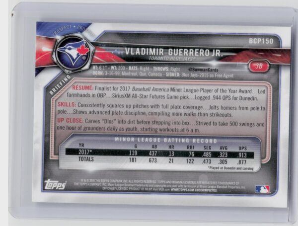 2018 Bowman Vladimir Guerrero Jr. #BCP150 Jays Chrome Prospects Mojo Refractor - Image 3