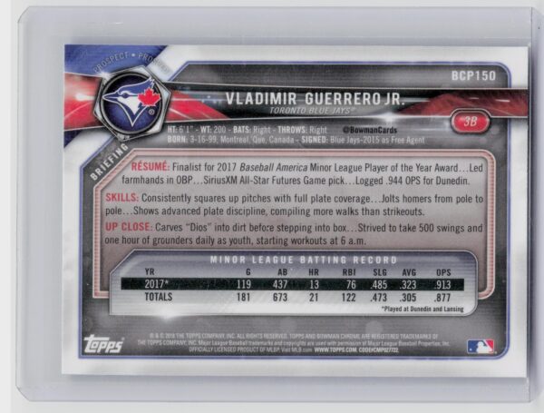 2018 Bowman Vladimir Guerrero Jr. #BCP150 Jays Chrome Prospects Mojo Refractor - Image 3