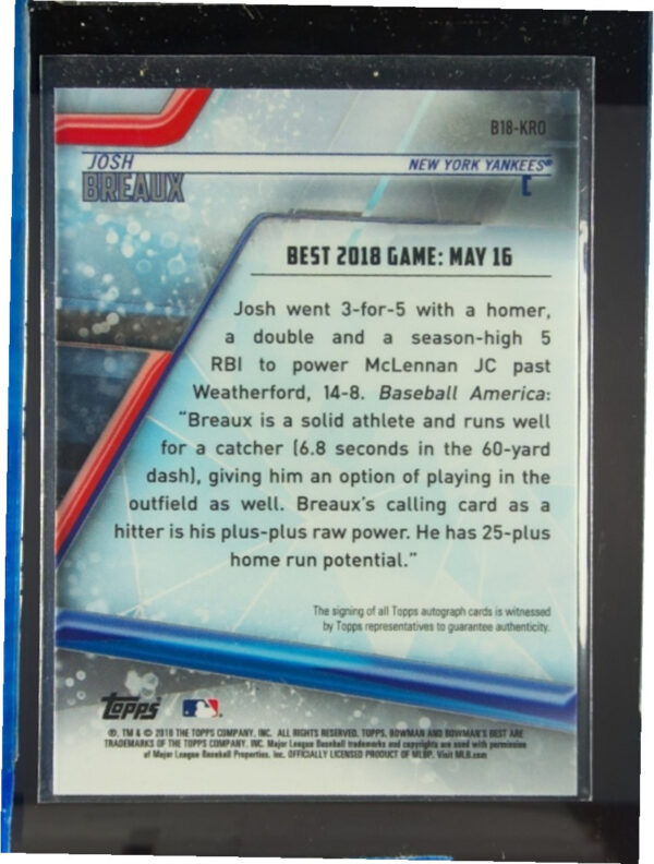 2018 Bowman's Best Josh Breaux AU #B18-KRO Yankees Best of 2018 Autographs - Image 3