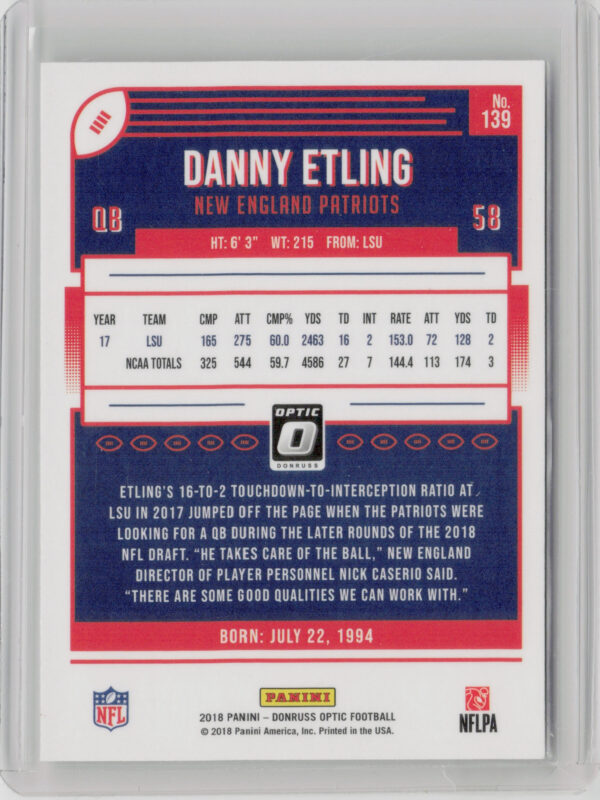 2018 Donruss Optic Danny Etling RC #139 Patriots - Image 3