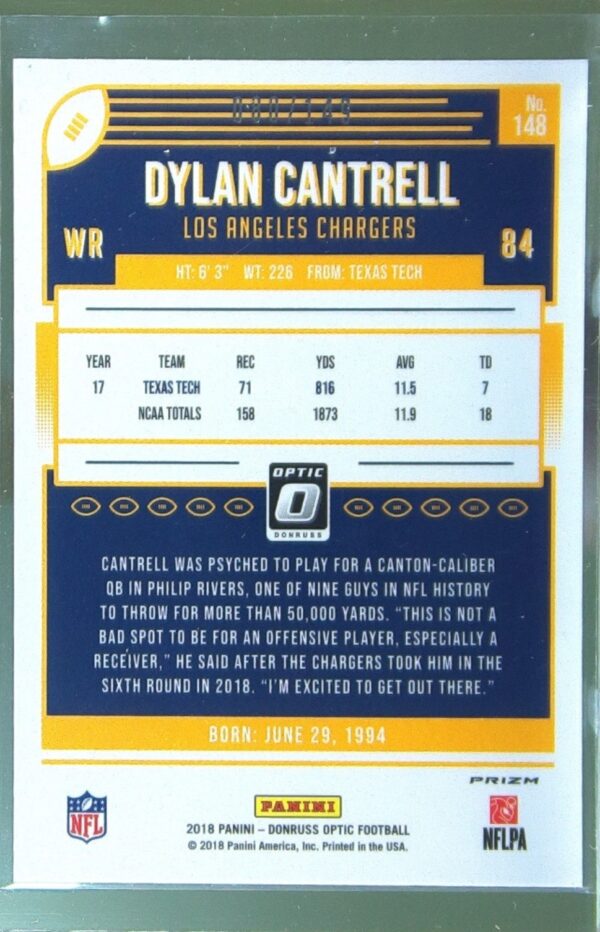 2018 Donruss Optic Dylan Cantrell Blue /149 #148 Chargers - Image 3
