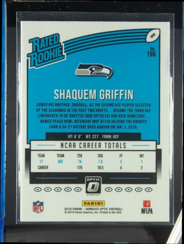 2018 Donruss Optic Shaquem Griffin RC #196 Seahawks - Image 3