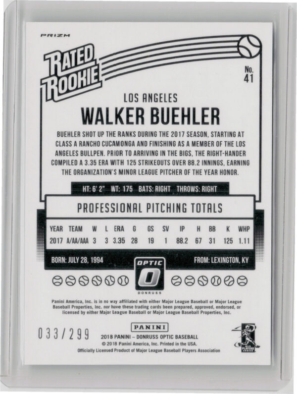 2018 Donruss Optic Walker Buehler Aqua SN299 #41 Dodgers - Image 3