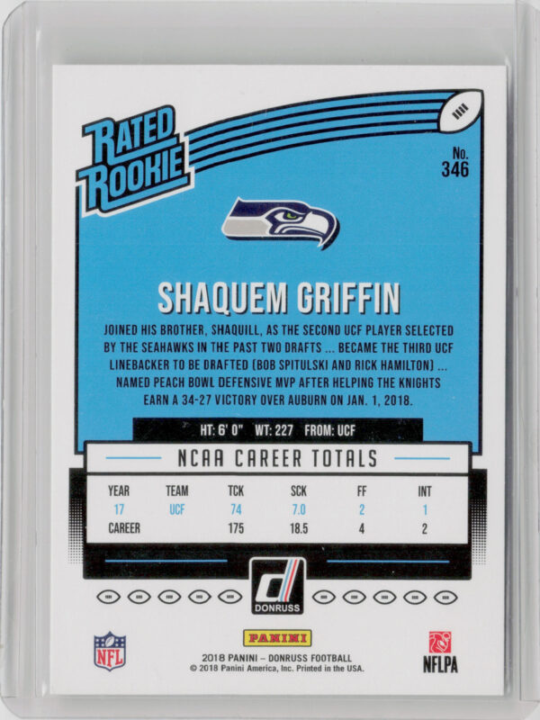 2018 Donruss Shaquem Griffin RC #346 Seahawks - Image 3