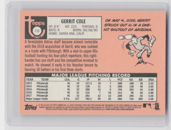 2018 Heritage Gerrit Cole SP VAR #715 Astros - Image 3