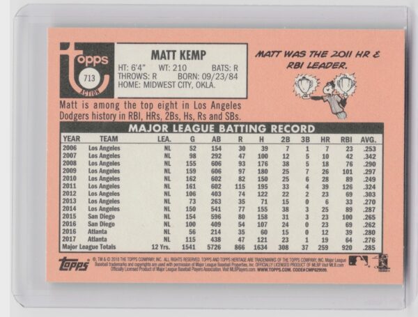 2018 Heritage Matt Kemp SP VAR #713 Dodgers - Image 3