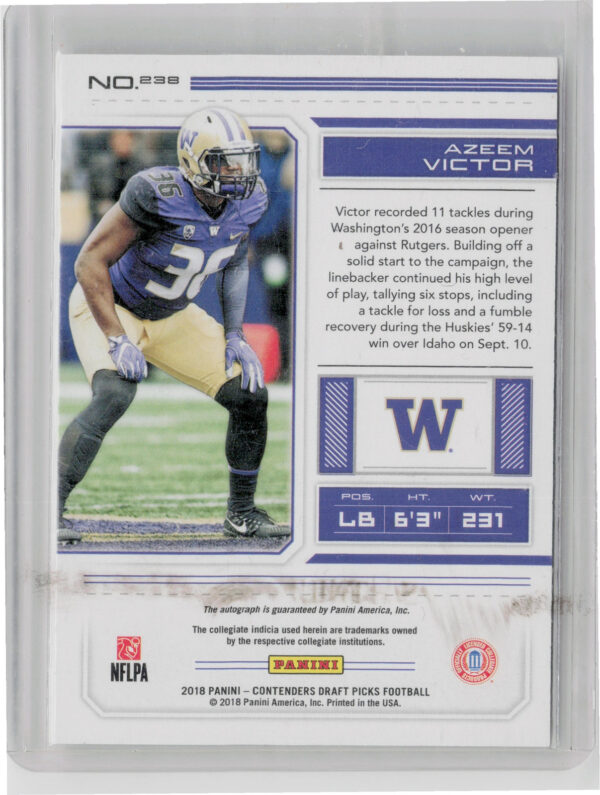 2018 Panini Contenders Draft Picks Azeem Victor AU #238 Huskies - Image 3