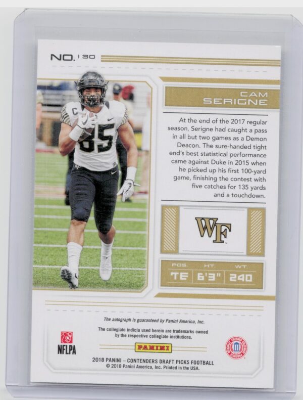 2018 Panini Contenders Draft Picks Cam Serigne AU #130 Deacons - Image 3
