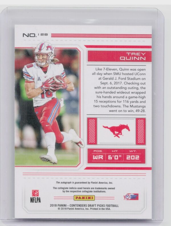 2018 Panini Contenders Draft Picks Trey Quinn AU #128 Mustangs - Image 3