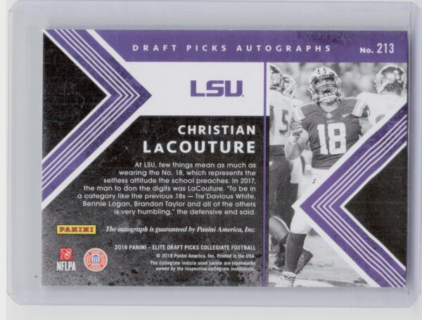 2018 Panini Elite Draft Picks Christian LaCouture AU #213 Tigers Draft Picks Aut - Image 3