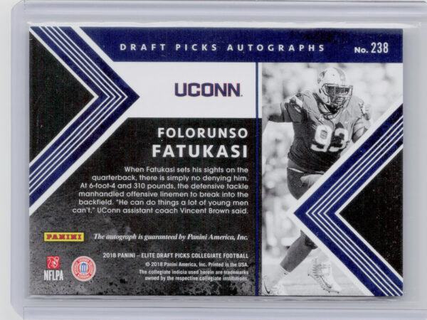 2018 Panini Elite Draft Picks Folorunso Fatukasi AU SN75 #238 Huskies Draft Pick - Image 3
