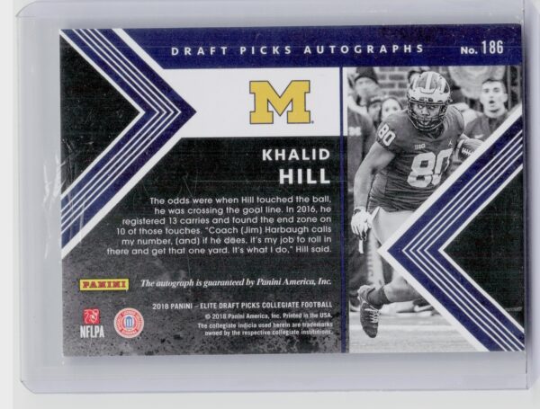 2018 Panini Elite Draft Picks Khalid Hill AU #186 Wolverines Draft Picks Autogra - Image 3