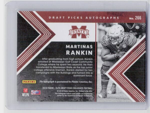 2018 Panini Elite Draft Picks Martinas Rankin #266 Bulldogs Draft Picks Autograp - Image 3