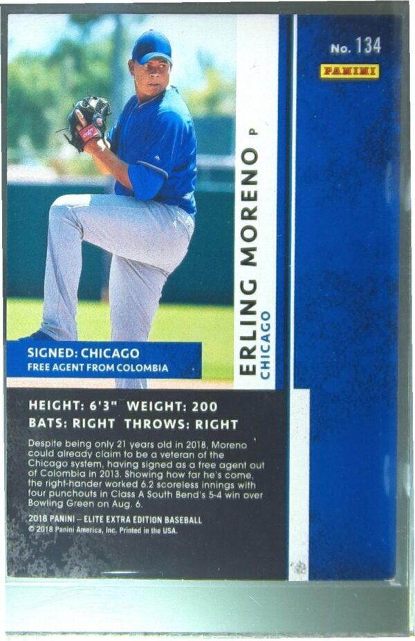 2018 Panini Elite Extra Edition Erling Moreno /999 #134 Cubs - Image 3