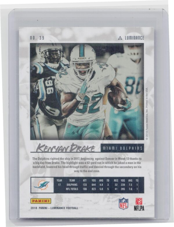 2018 Panini Luminance Kenyan Drake Blue SN99 #39 Dolphins - Image 3
