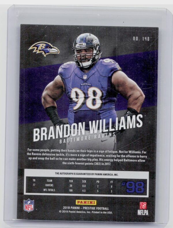 2018 Panini Prestige Brandon Williams AU #148 Ravens Veteran Signatures Xtra Poi - Image 3