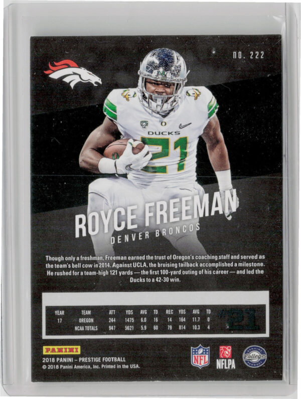 2018 Panini Prestige Royce Freeman RC #222 Broncos - Image 3