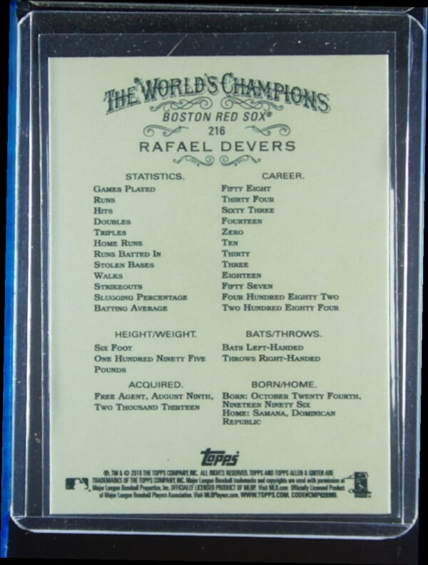 2018 Topps Allen & Ginter Rafael Devers RC #216 Sox - Image 3