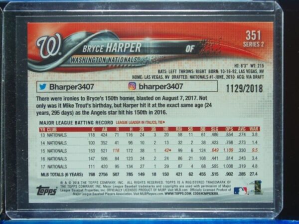 2018 Topps Bryce Harper #351 Nationals - Image 3