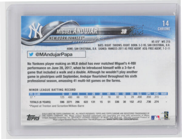 2018 Topps Chrome Miguel Andujar RC #14 Yankees - Image 3