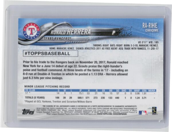 2018 Topps Chrome Ronald Herrera AU #RA-RHE Rangers Rookie Autographs - Image 3