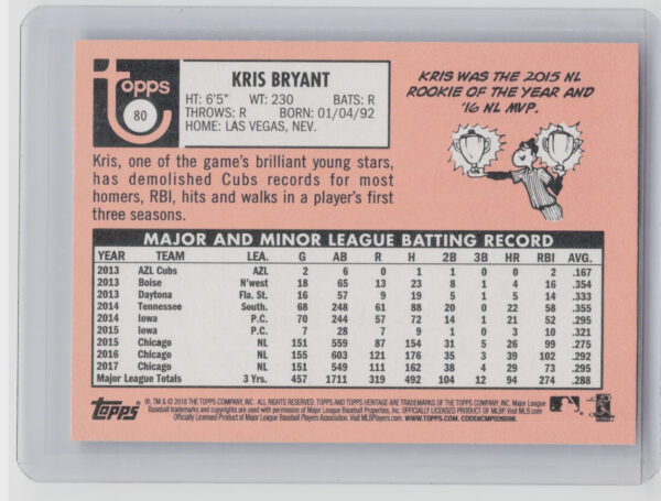 2018 Topps Heritage Kris Bryant SP VAR #80 Cubs - Image 3