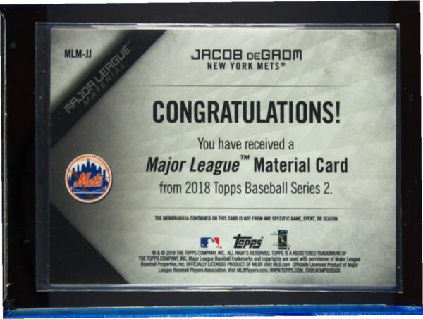 2018 Topps Jacob deGrom MEM #MLM-JJ Mets Major League Material Relics (Series 2) - Image 3