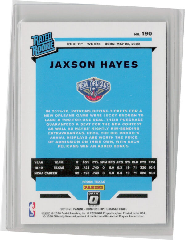 2019-20 Donruss Optic Jaxson Hayes RC #190 Pelicans - Image 3