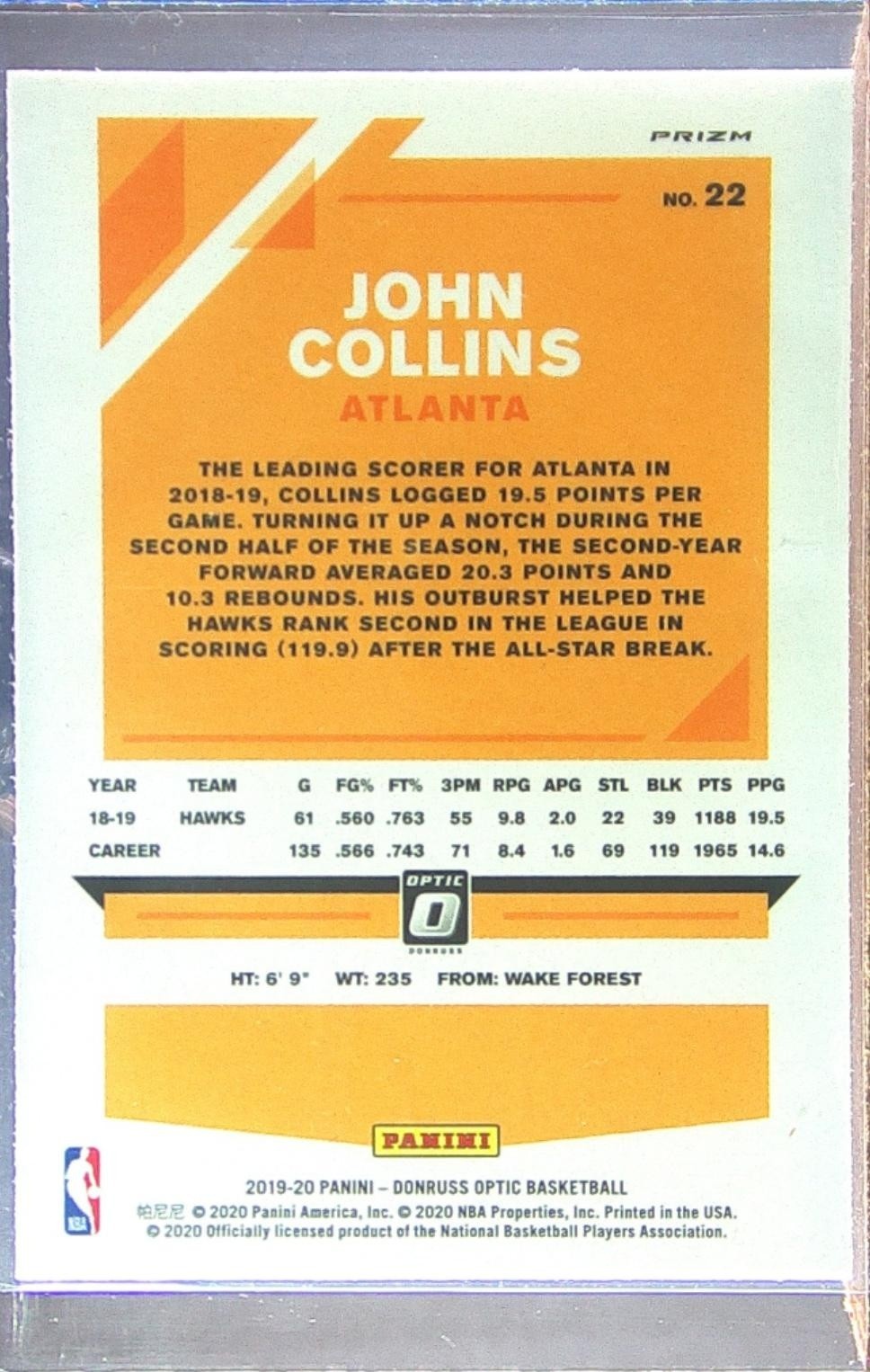 2019-20 Donruss Optic John Collins Blue Velocity #22 Hawks - Image 3