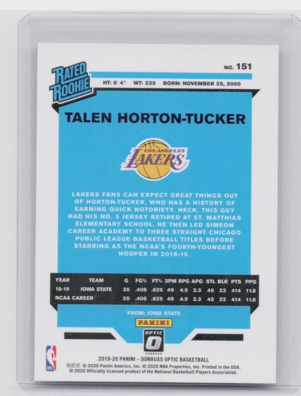 2019-20 Donruss Optic Talen Horton-Tucker RC #151 Lakers - Image 3
