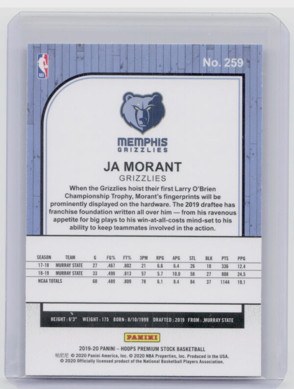 2019-20 Hoops Premium Stock Ja Morant RC #259 Grizzlies - Image 3