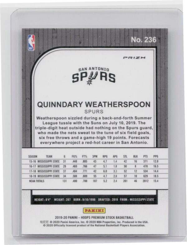 2019-20 Hoops Premium Stock Quinndary Weatherspoon Prizms Silver Mojo #236 Spurs - Image 3