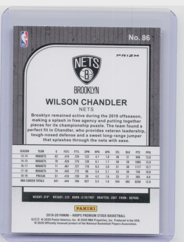 2019-20 Hoops Premium Stock Wilson Chandler Prizms Teal #86 Nets - Image 3