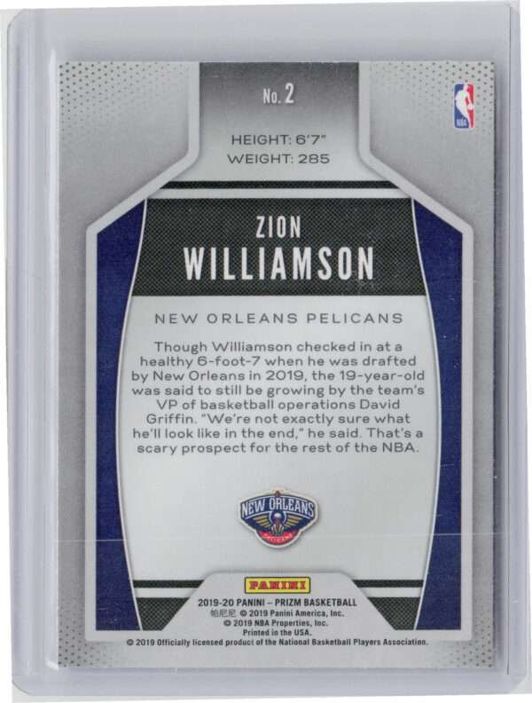 2019-20 Panini Prizm Zion Williamson #2 Pelicans Instant Impact - Image 3