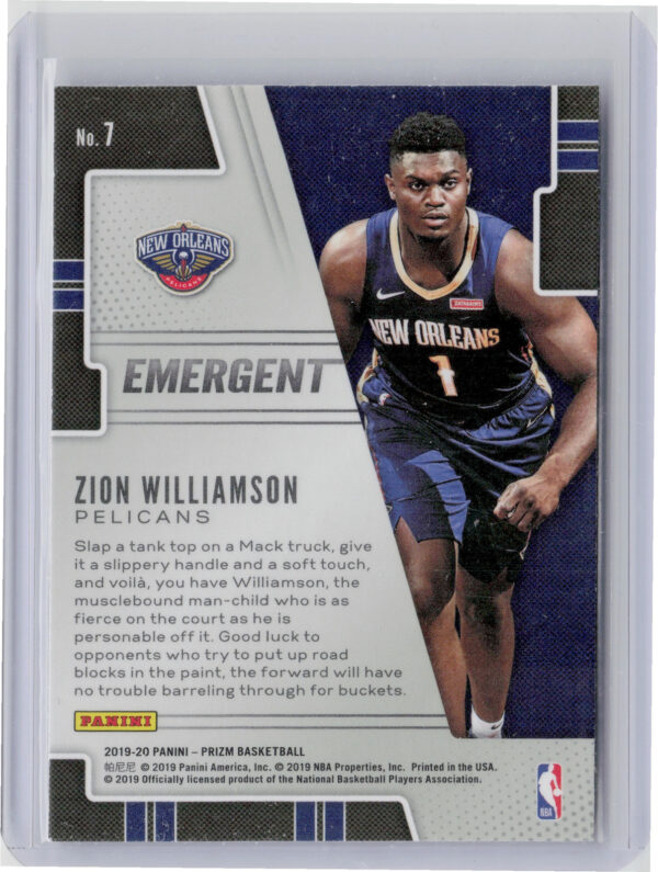2019-20 Panini Prizm Zion Williamson #7 Pelicans Emergent - Image 3