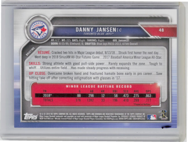 2019 Bowman Danny Jansen Purple SN250 #48 Jays - Image 3