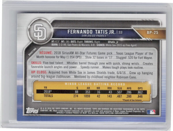 2019 Bowman Fernando Tatis Jr. #BP-25 Padres Prospects Camo - Image 3