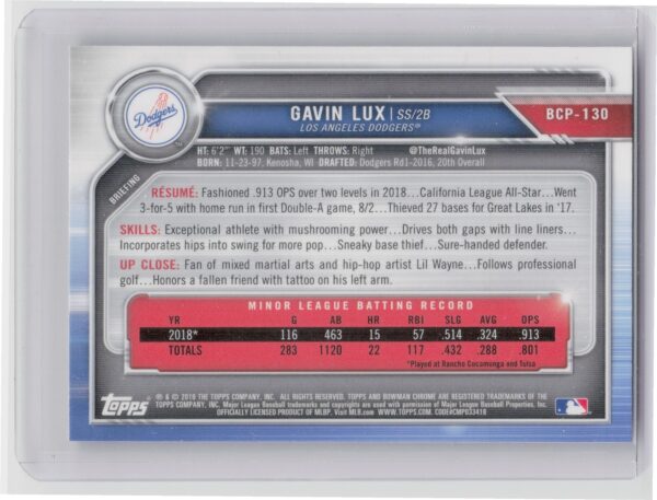 2019 Bowman Gavin Lux #BCP-130 Dodgers Chrome Prospects Mojo Refractors - Image 3