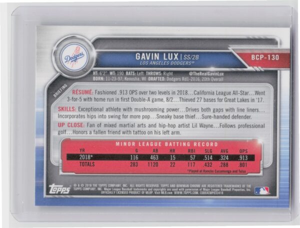 2019 Bowman Gavin Lux #BCP-130 Dodgers Chrome Prospects Mojo Refractors - Image 3