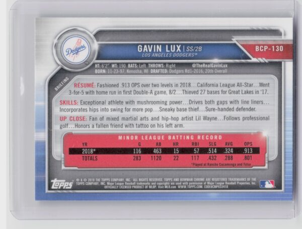 2019 Bowman Gavin Lux #BCP-130 Dodgers Chrome Prospects Mojo Refractors - Image 3