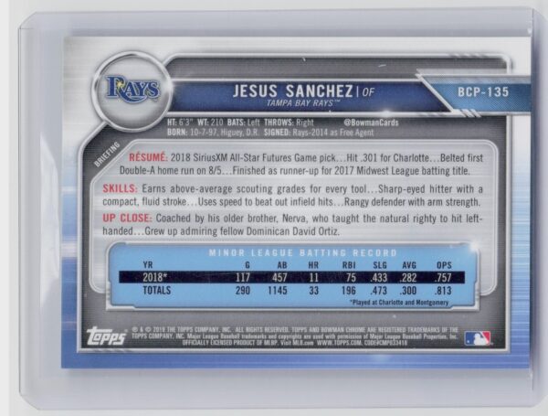 2019 Bowman Jesus Sanchez /99 #BCP-135 Rays Prospects Mojo Refractors Green - Image 3