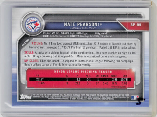 2019 Bowman Nate Pearson SN150 #BP-99 Jays Prospects Blue - Image 3